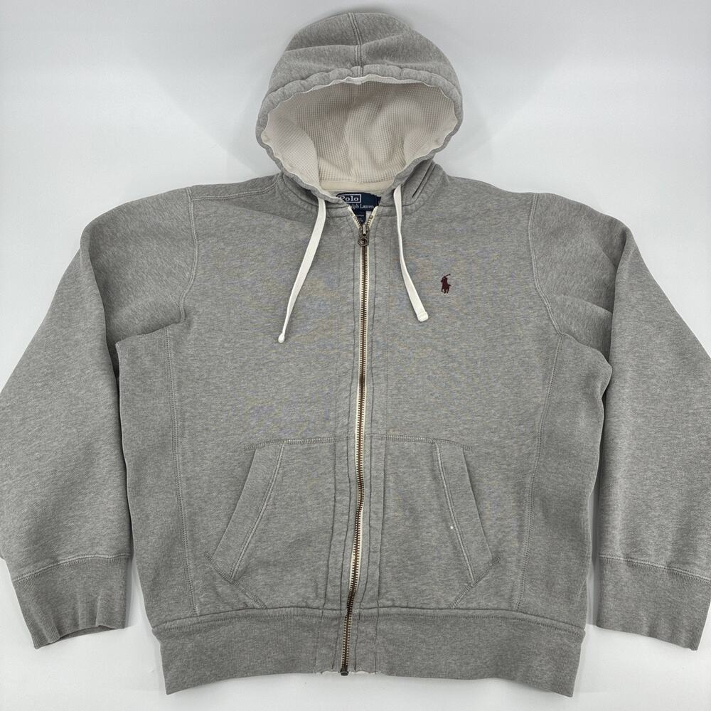 Vintage Polo Ralph Lauren Hoodie Men Large Gray Thermal Waffle Heavyweight 90s
